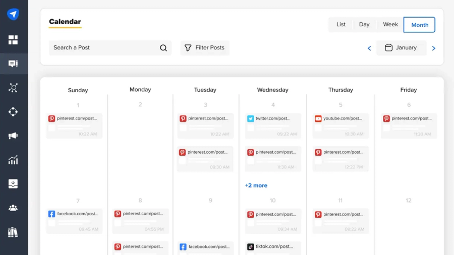 A social media content calendar displaying scheduled posts from various platforms like Pinterest, Twitter, and Facebook in a monthly view for January.