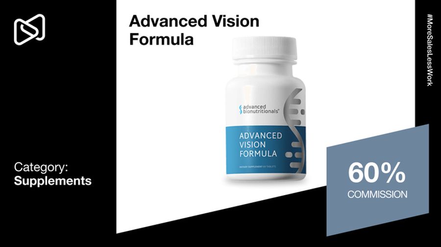 Advanced Vision Formula supplement bottle, highlighting 60% commission.
