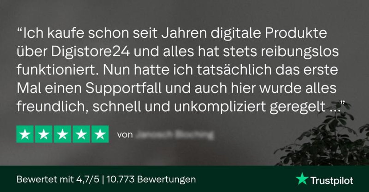 Positive German customer review for Digistore24 with 5 stars, praising friendly support, and an overall 4.7/5 rating from over 10,000 Trustpilot reviews.