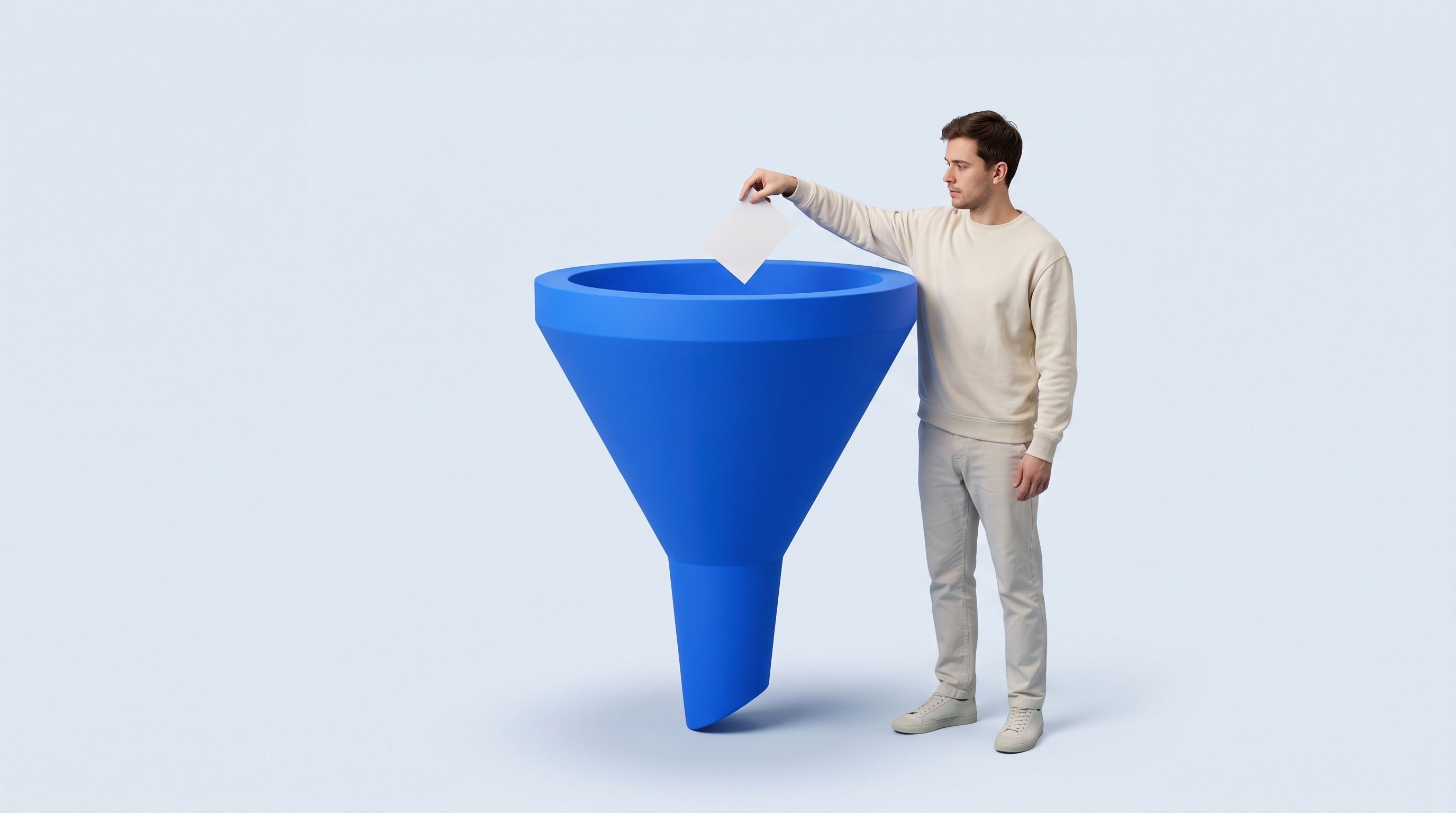A man drops a white paper into a large blue funnel.