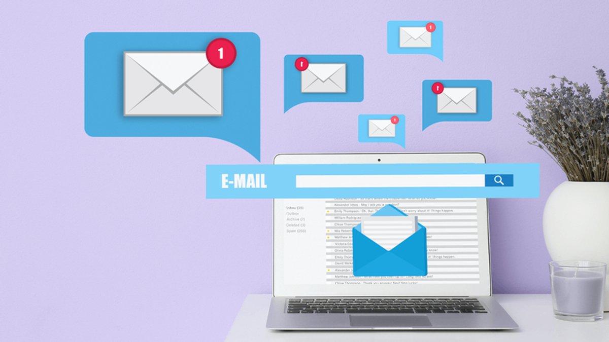 Laptop displaying an email inbox with an open message, surrounded by floating email notification icons.