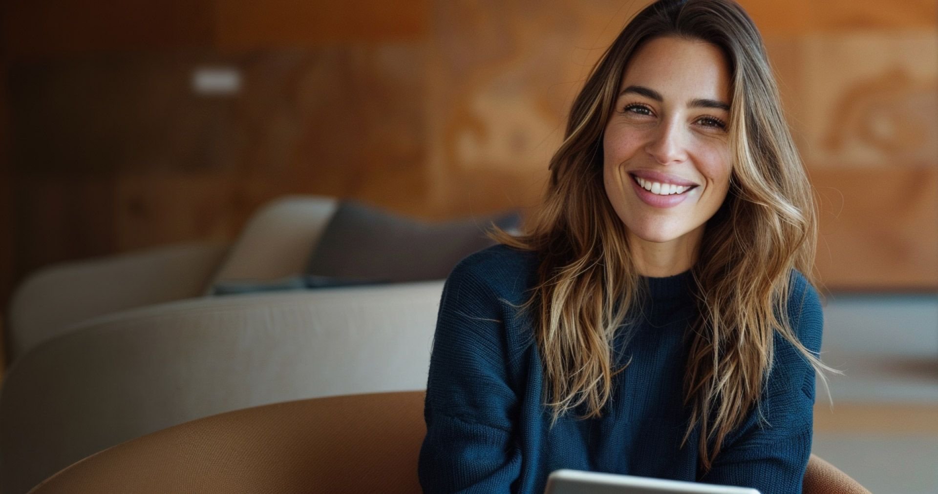 Smiling woman with long hair in a blue sweater looking at the camera.