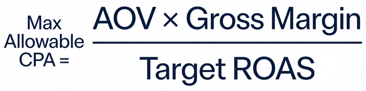 Max Allowable CPA equals AOV multiplied by Gross Margin, all divided by Target ROAS.
