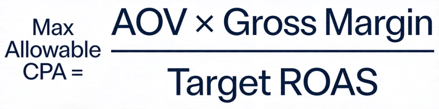 Max Allowable CPA equals AOV multiplied by Gross Margin, all divided by Target ROAS.
