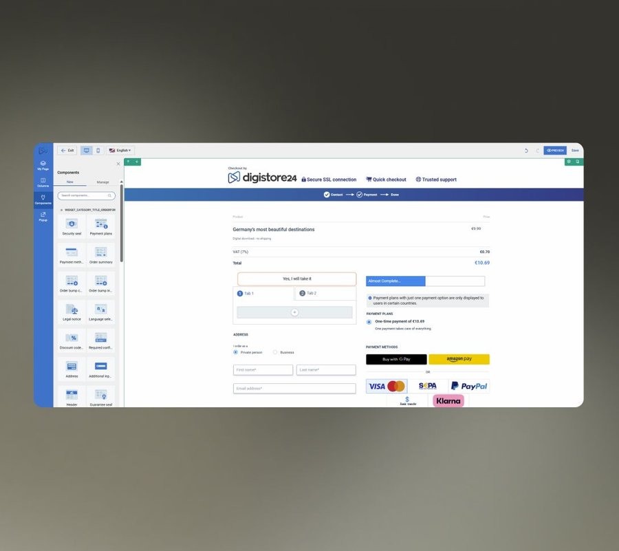 Screenshot of a Digistore24 checkout page within a website editor, displaying product details, address fields, and various payment options.