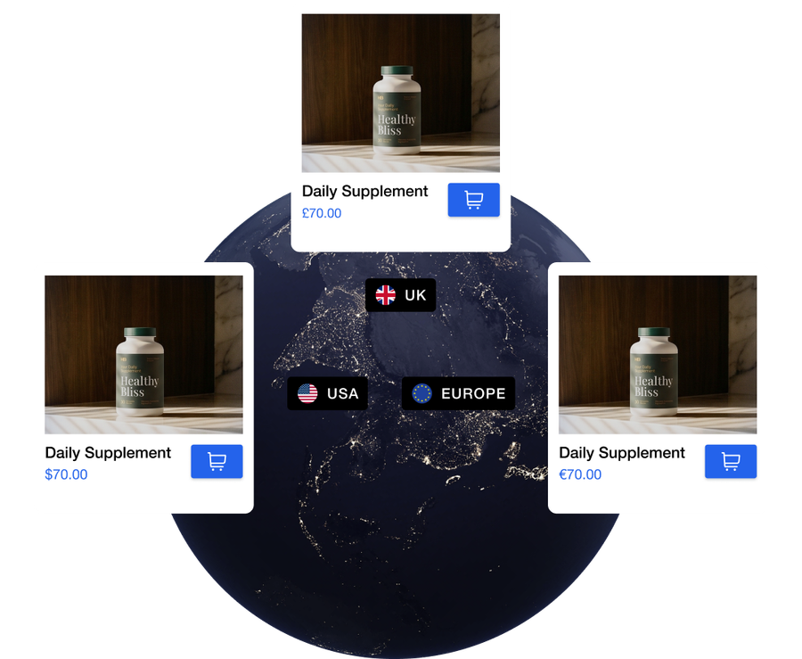 Globe at night with a Daily Supplement product card priced for the UK, USA and Europe.
