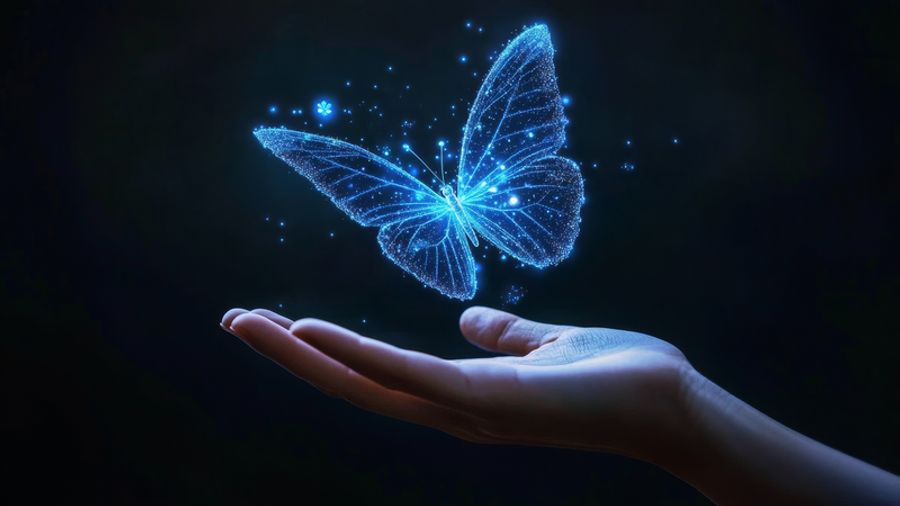 A glowing blue, digital butterfly hovers over an open hand against a dark background.
