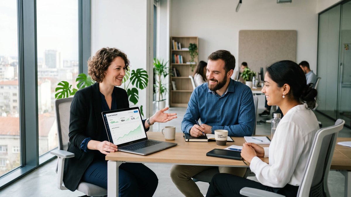 Three smiling business people discussing a data presentation on a laptop in a bright office.
