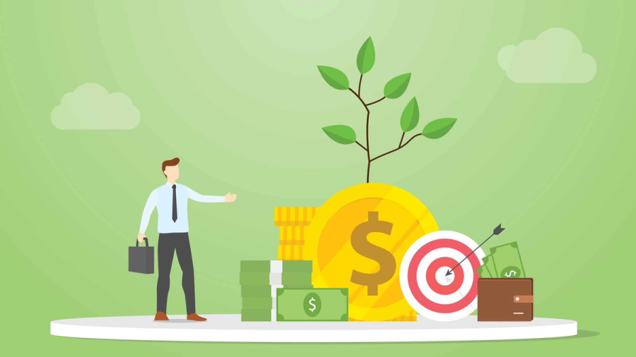 Financial growth and investment illustrated with a businessman, money, a plant, and a target.