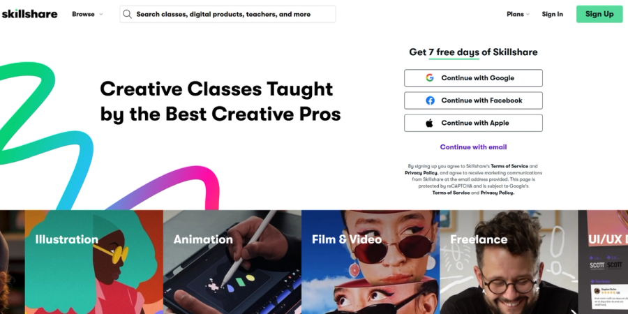Skillshare homepage displaying creative class categories and free trial signup options.