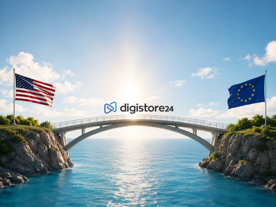 A bridge connects cliffs with US and EU flags on either side, and the Digistore24 logo above.
