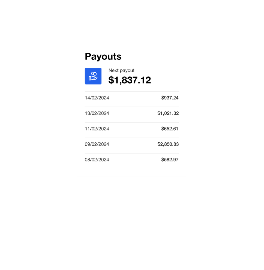 A Payouts interface showing a next payout of $1,837.12 and a list of recent payouts with their dates and amounts.