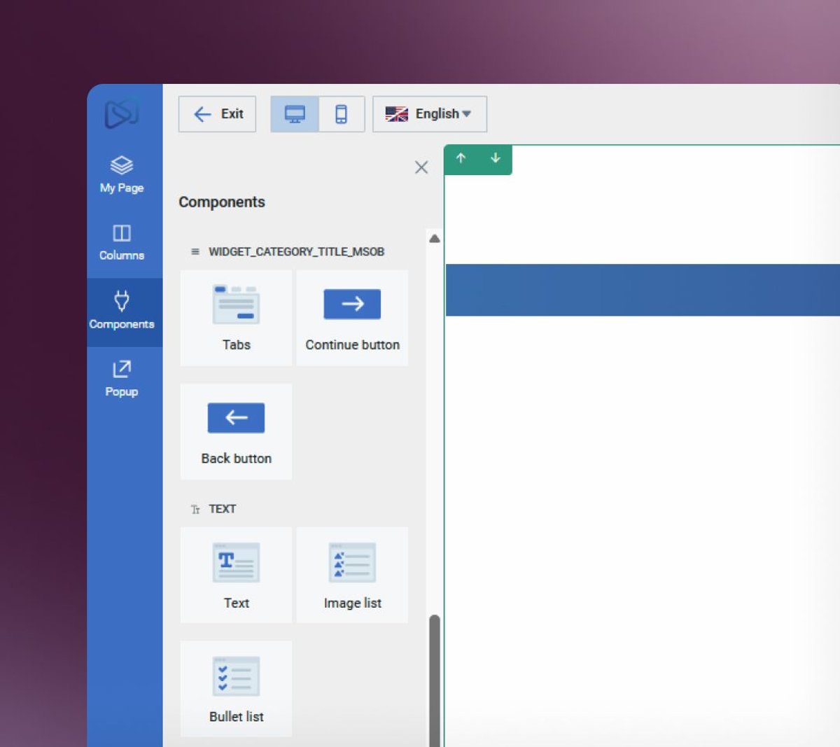Software interface for building, showing a 'Components' sidebar with various UI elements and a blank design canvas.