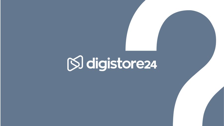 Digistore24 logo and name on a blue-grey background with a large white question mark.