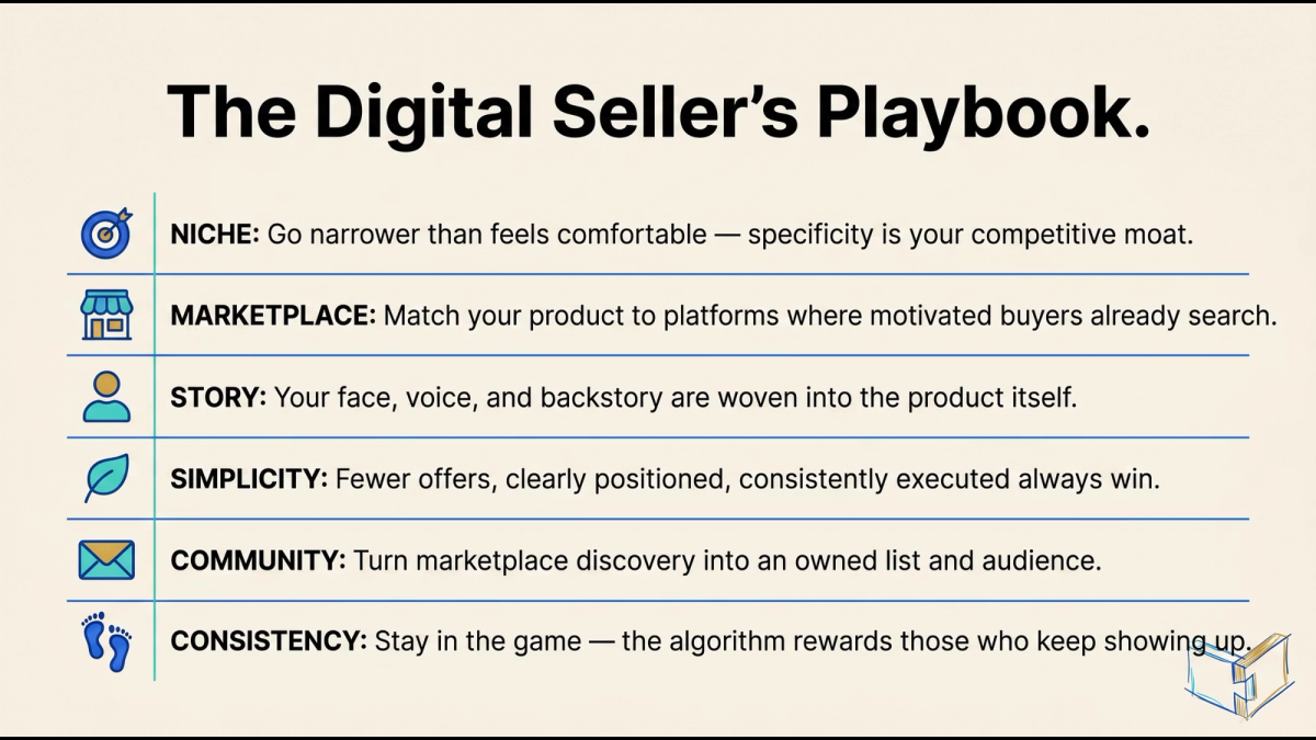 The Digital Seller's Playbook lists 6 key strategies: Niche, Marketplace, Story, Simplicity, Community, and Consistency.