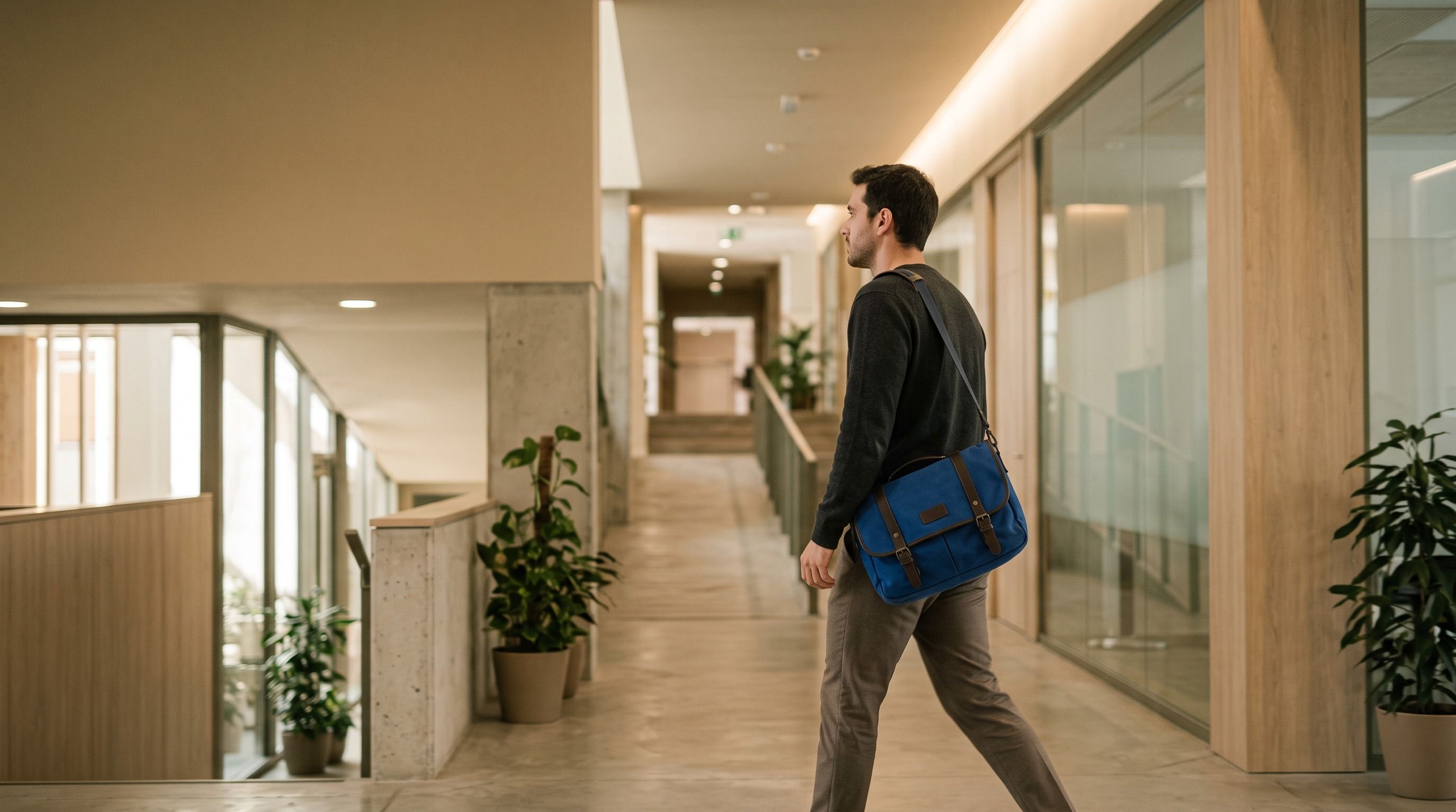A man with a blue messenger bag walks down a modern hallway.