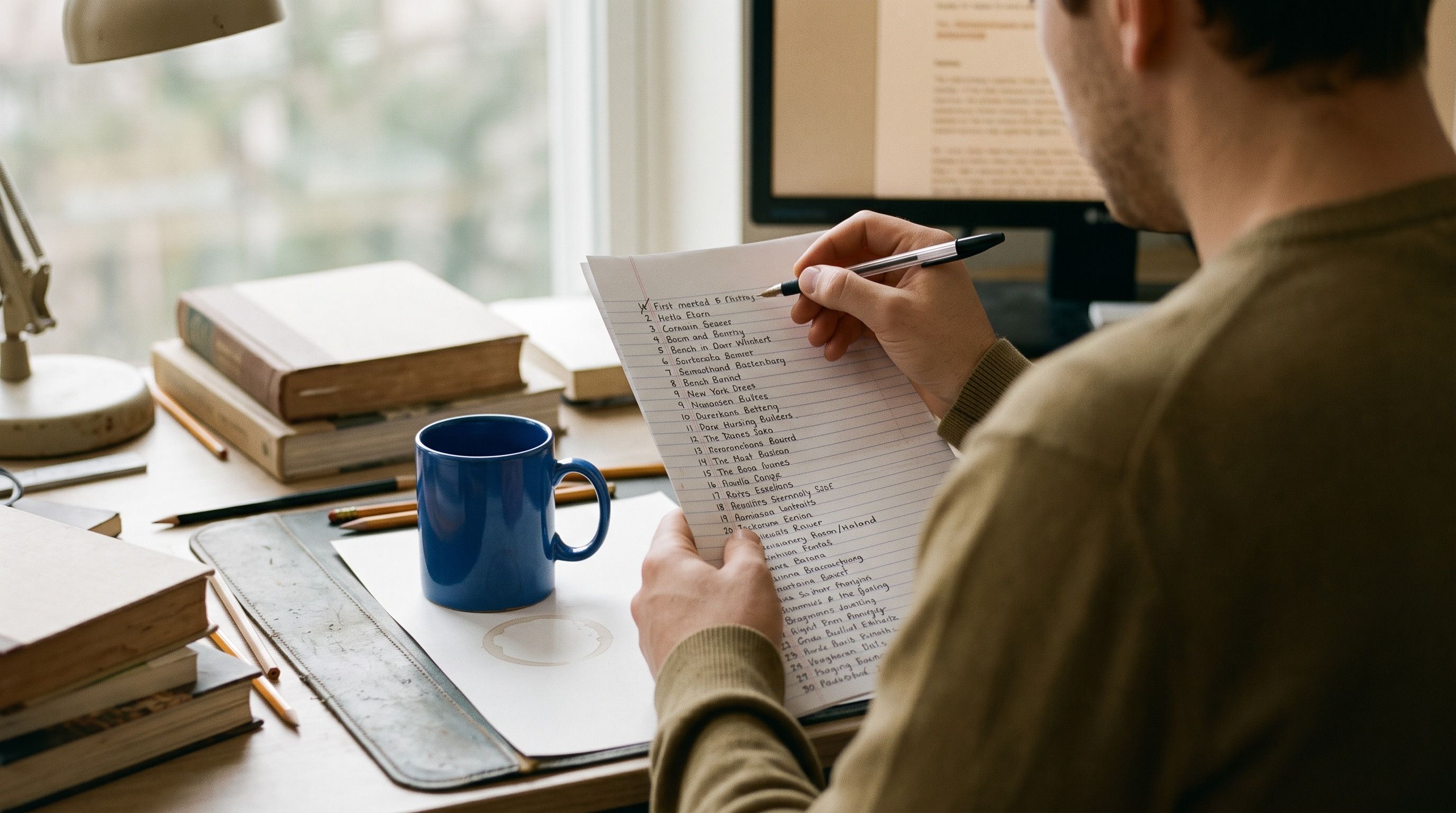 A person writes on a notepad at a desk with books and a computer.