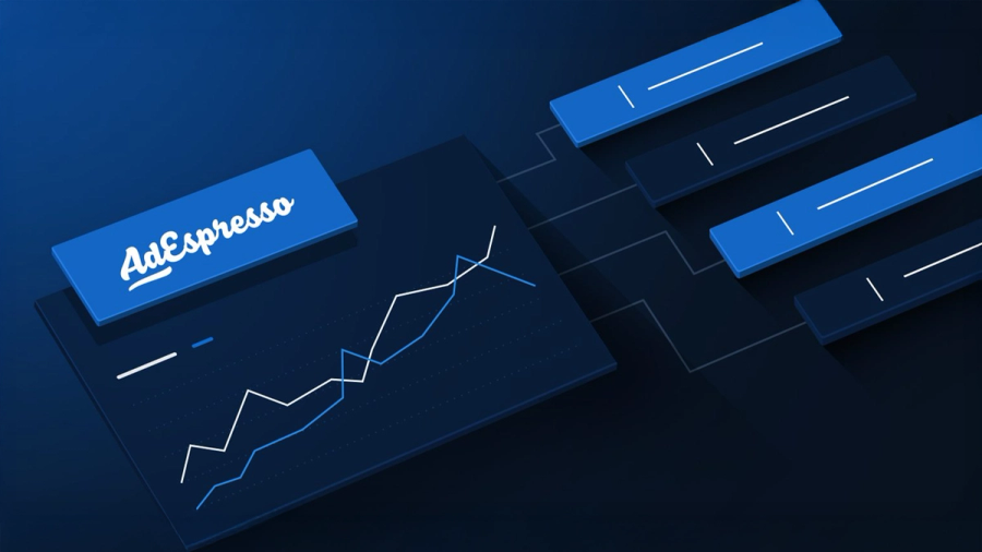 AdEspresso logo, a line graph, and comparison bars on a dark background.