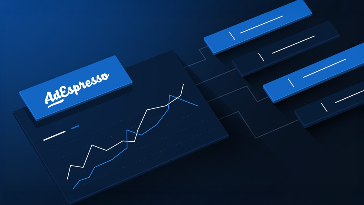 AdEspresso logo, a line graph, and comparison bars on a dark background.