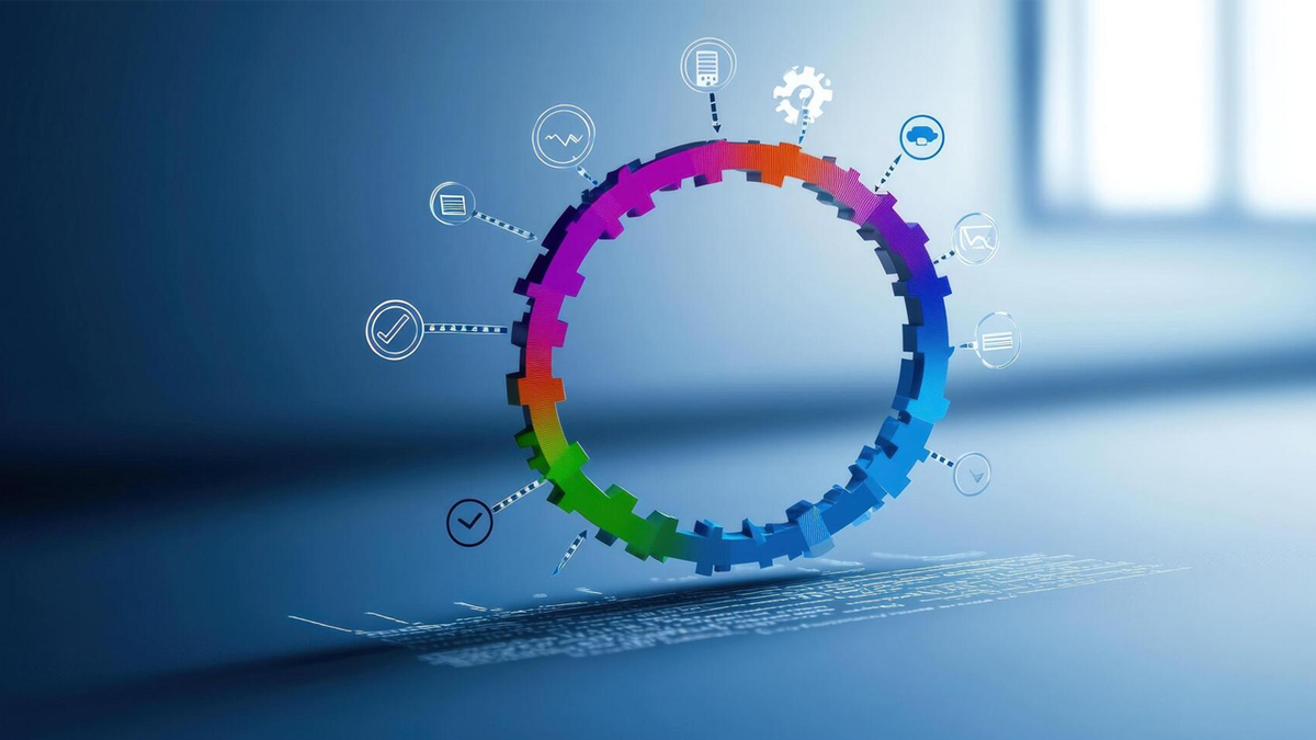 A colorful, segmented gear ring with icons representing a cyclical process or workflow.