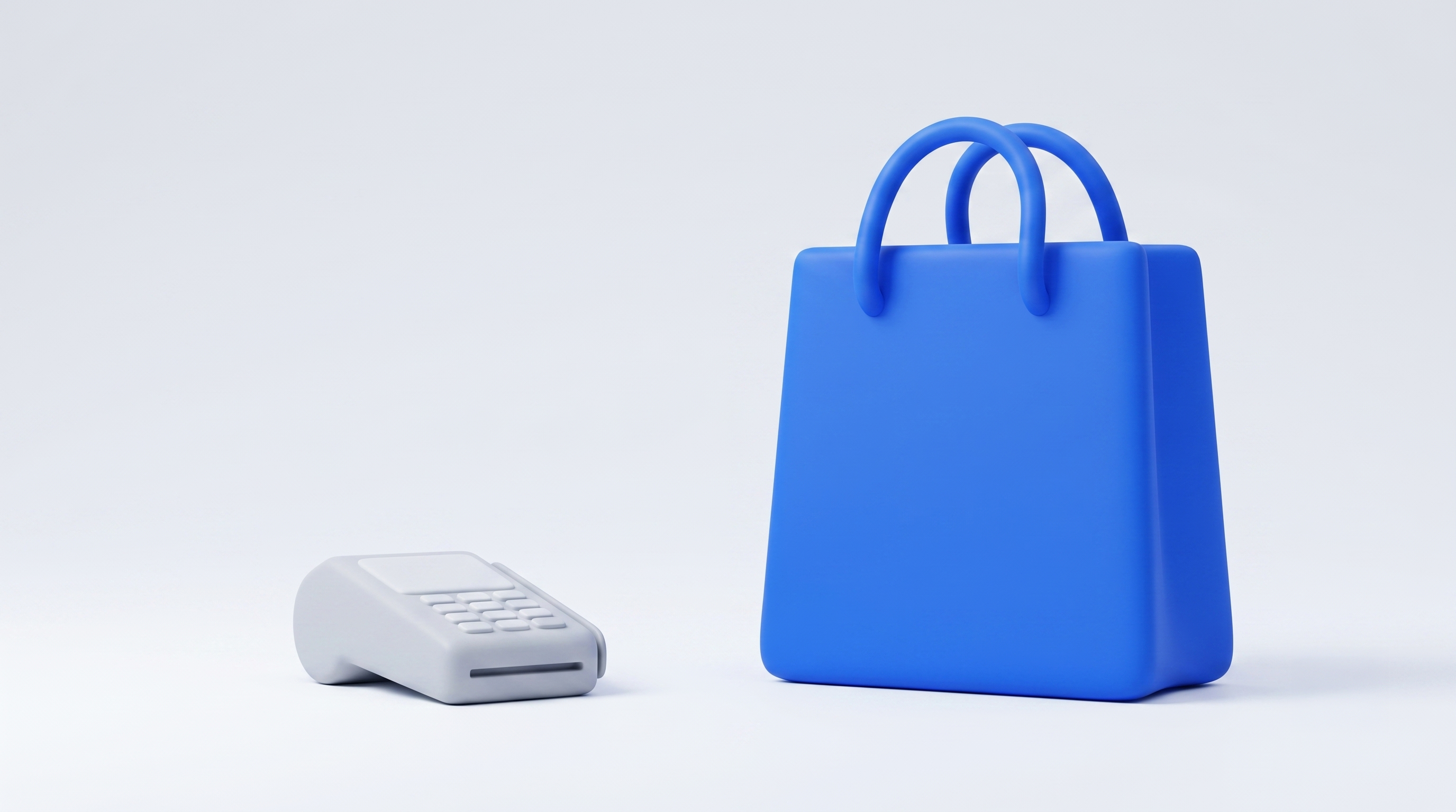 3D icon of a blue shopping bag next to a grey payment terminal.