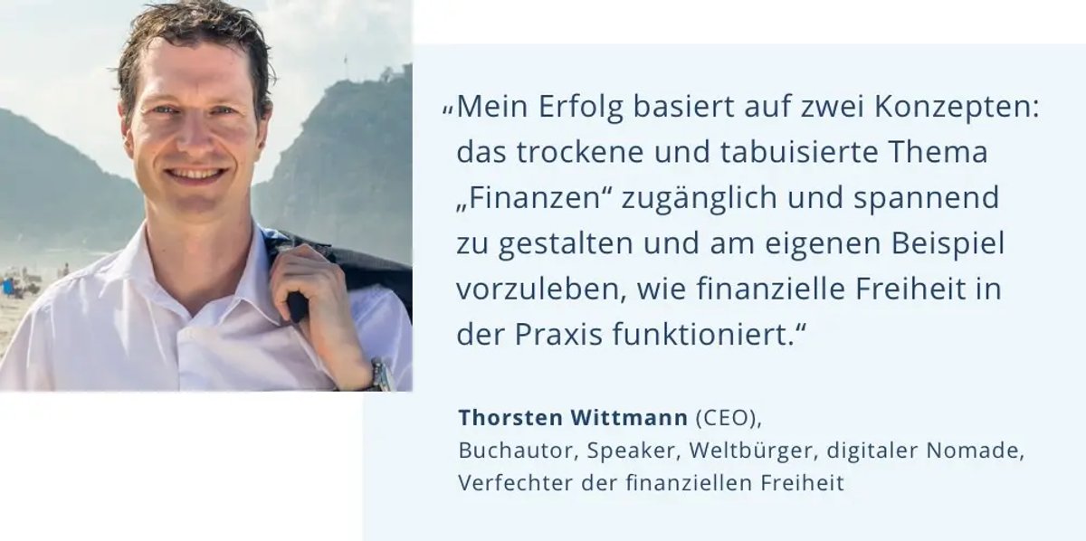 Thorsten Wittmann smiling on a beach next to a quote.