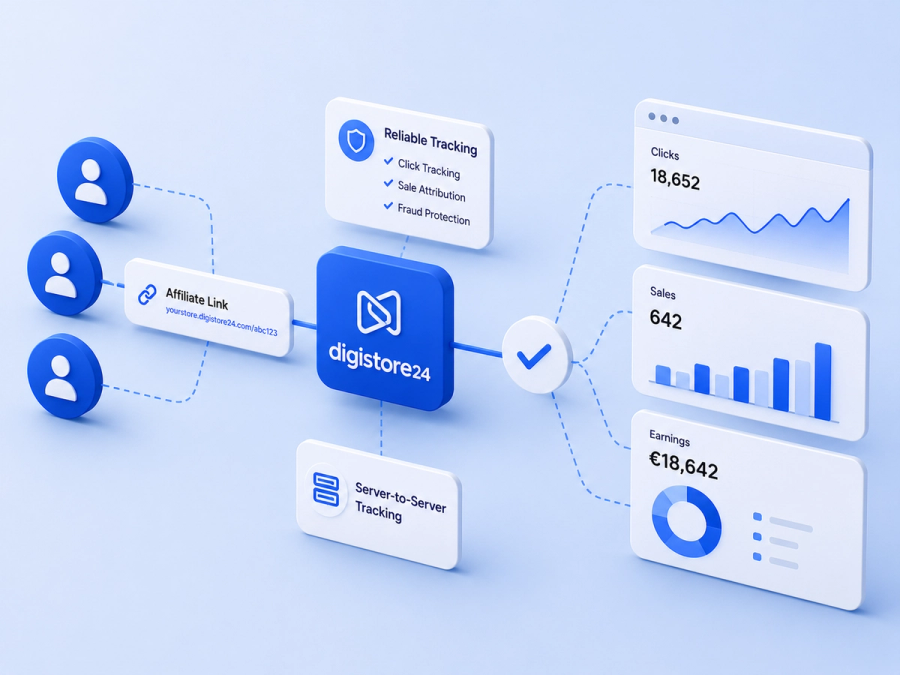 A diagram illustrating Digistore24's affiliate marketing and tracking system, showing users, affiliate links, reliable tracking, server-to-server tracking, and analytics for clicks, sales, and earnings.