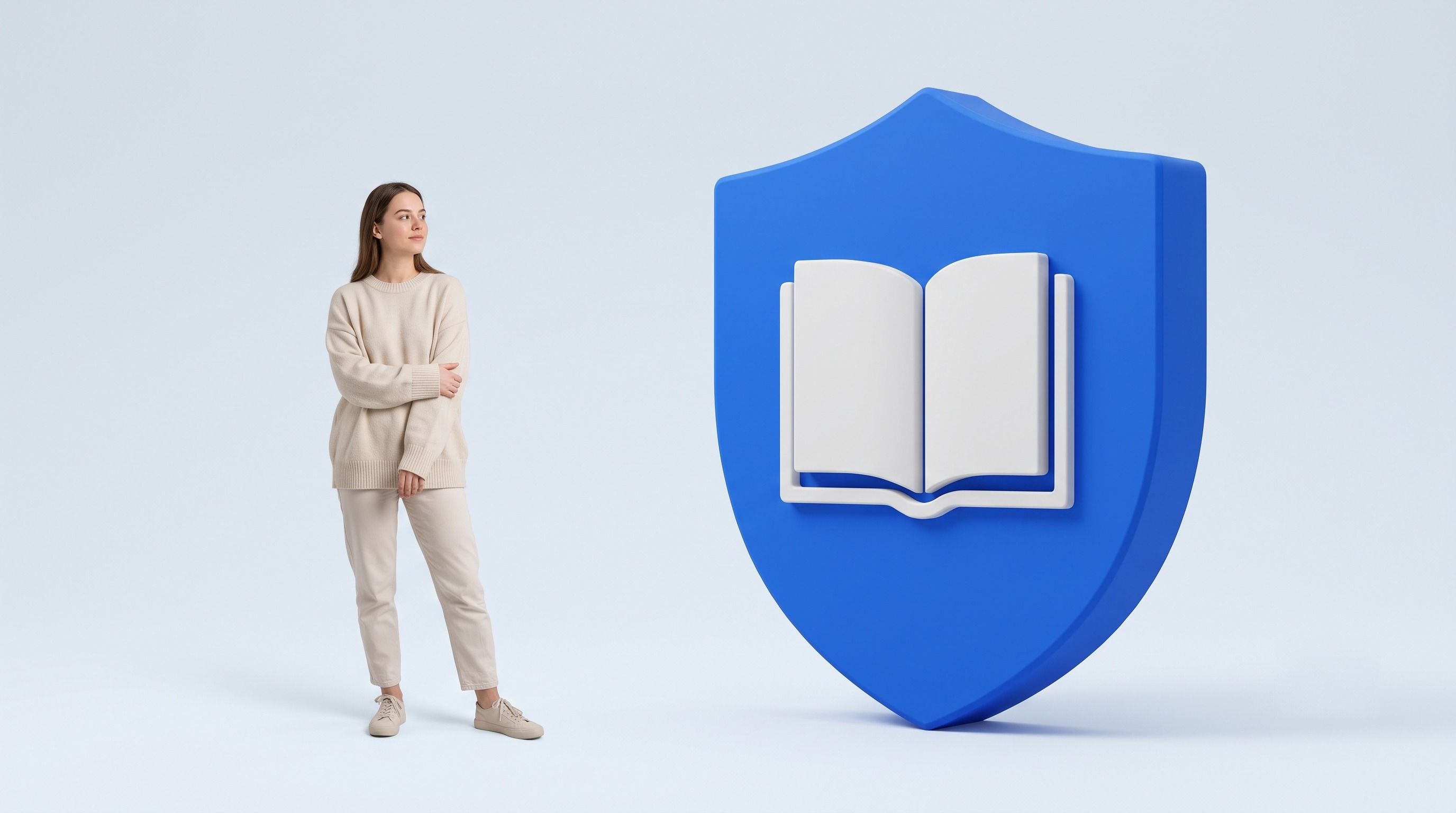 A woman stands beside a blue shield icon containing an open book.