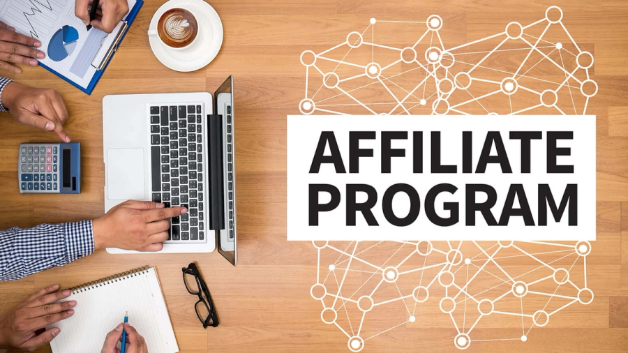 Text "AFFILIATE PROGRAM" next to people working on laptops and charts at a desk with a network graphic.