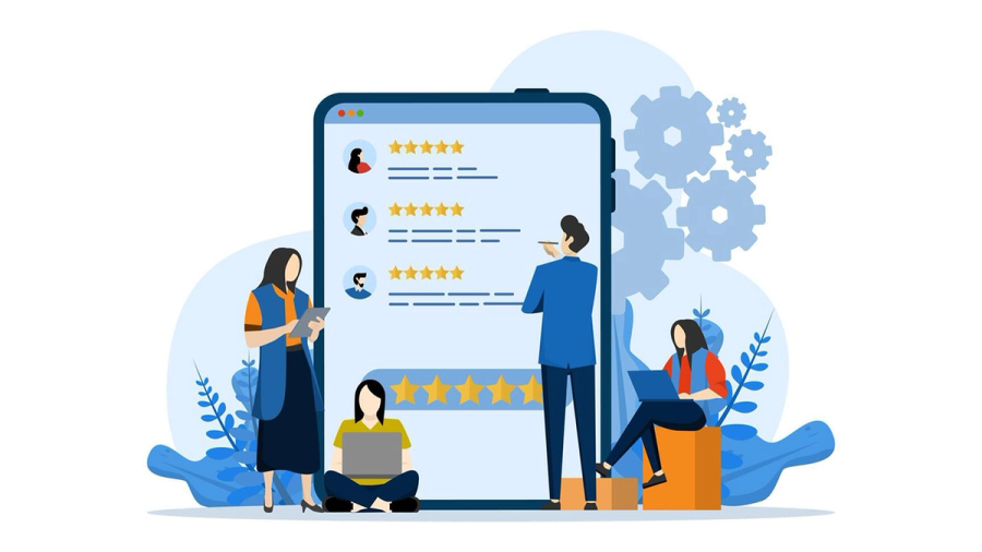 People interacting with a large phone displaying online customer reviews and star ratings.