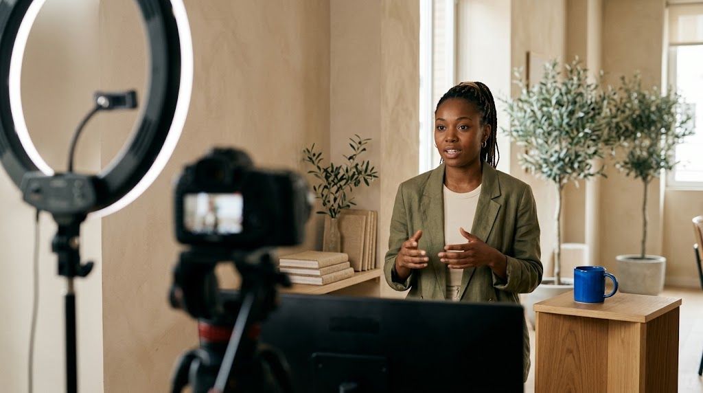 A Black woman speaks while being filmed by a camera with a ring light in a modern room.