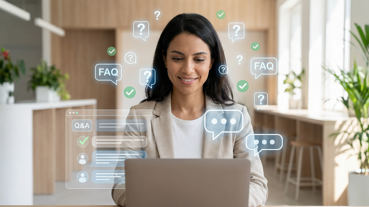 Smiling woman using a laptop surrounded by holographic Q&A, FAQ, and chat icons.