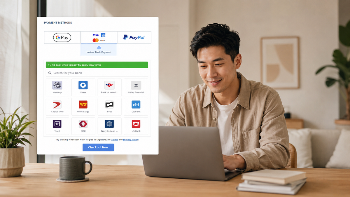 A man uses a laptop displaying a "Payment Methods" window with options like G Pay, PayPal, credit cards, and multiple banks.