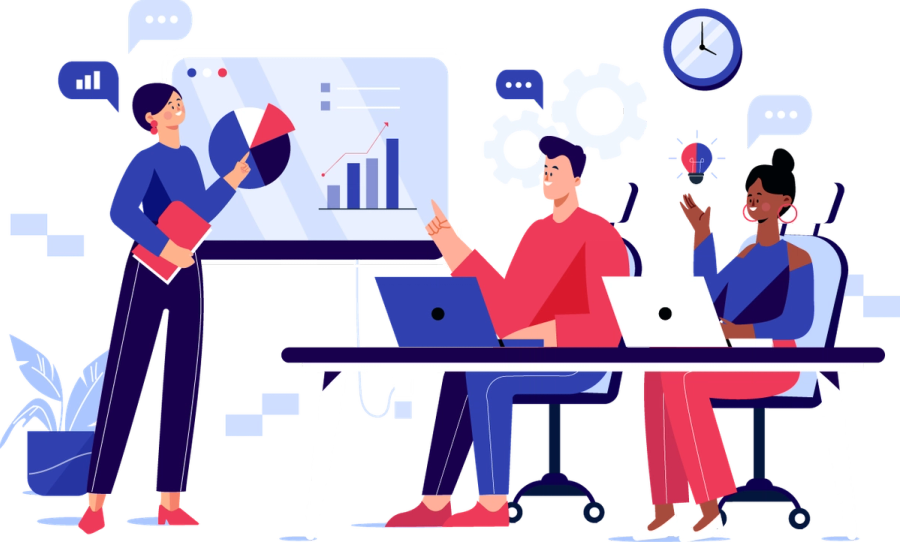 Illustration of three colleagues in a business meeting, one presenting charts on a screen, two working on laptops.