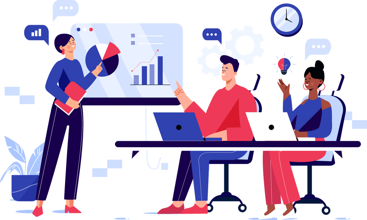 Illustration of three colleagues in a business meeting, one presenting charts on a screen, two working on laptops.