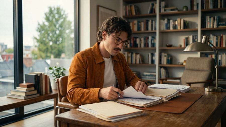 A man with a mustache and glasses, wearing a brown jacket, writes at a desk in a sunny office with a wall of books.