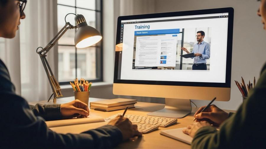 Two people taking notes while watching an online training video on a desktop computer.