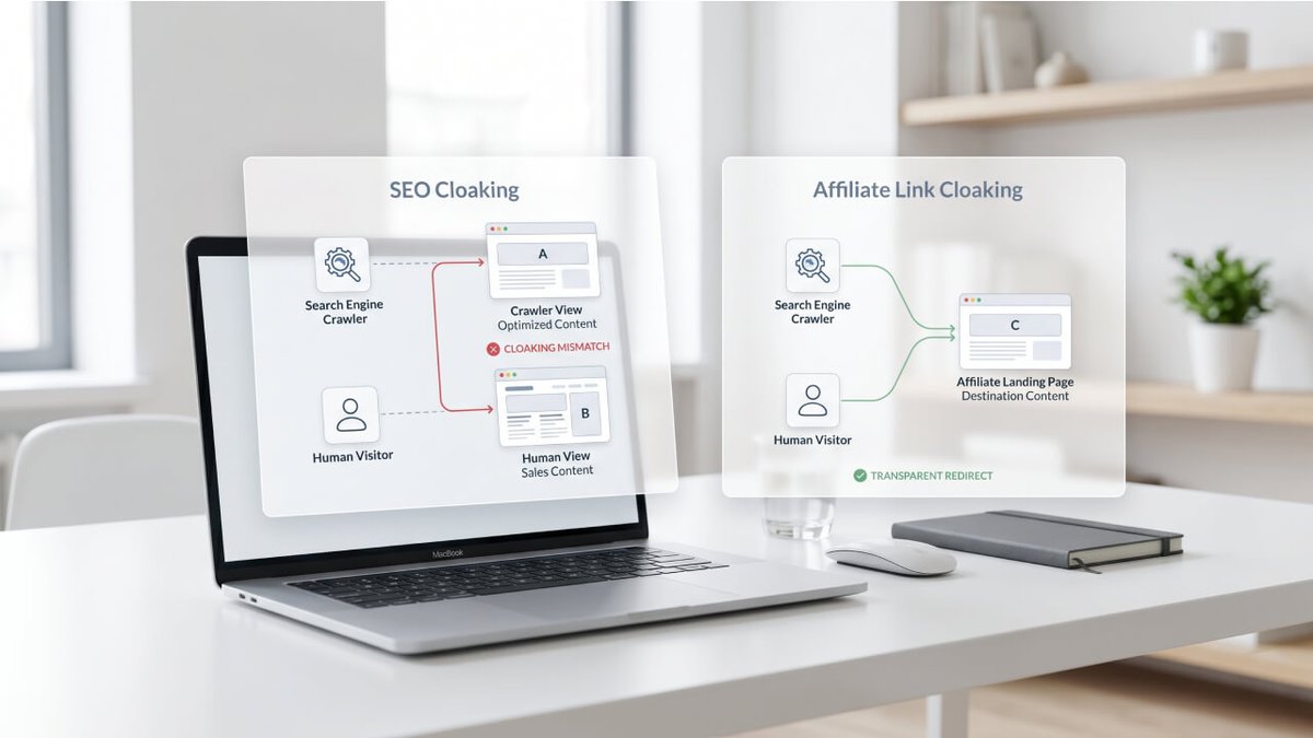 A laptop on a white desk displays two diagrams: one illustrating SEO cloaking with a mismatch between crawler and human views, and another showing legitimate affiliate link cloaking leading to the same content for both.