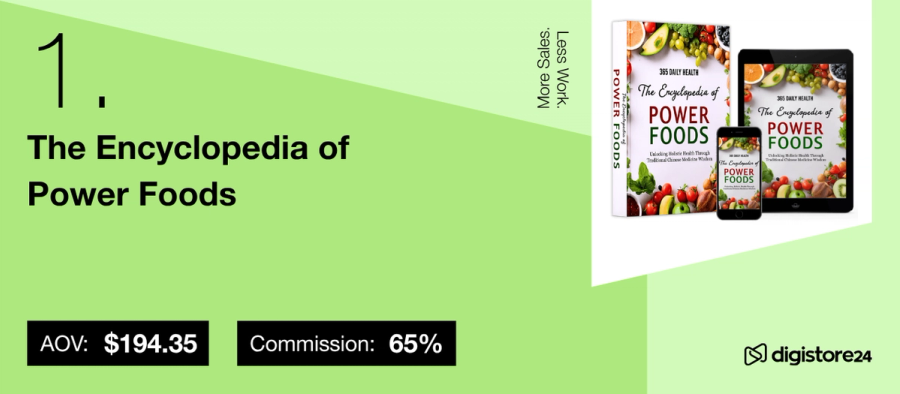 Ad for "The Encyclopedia of Power Foods" shown as a book, ebook, and mobile app, with AOV $194.35 and 65% commission.