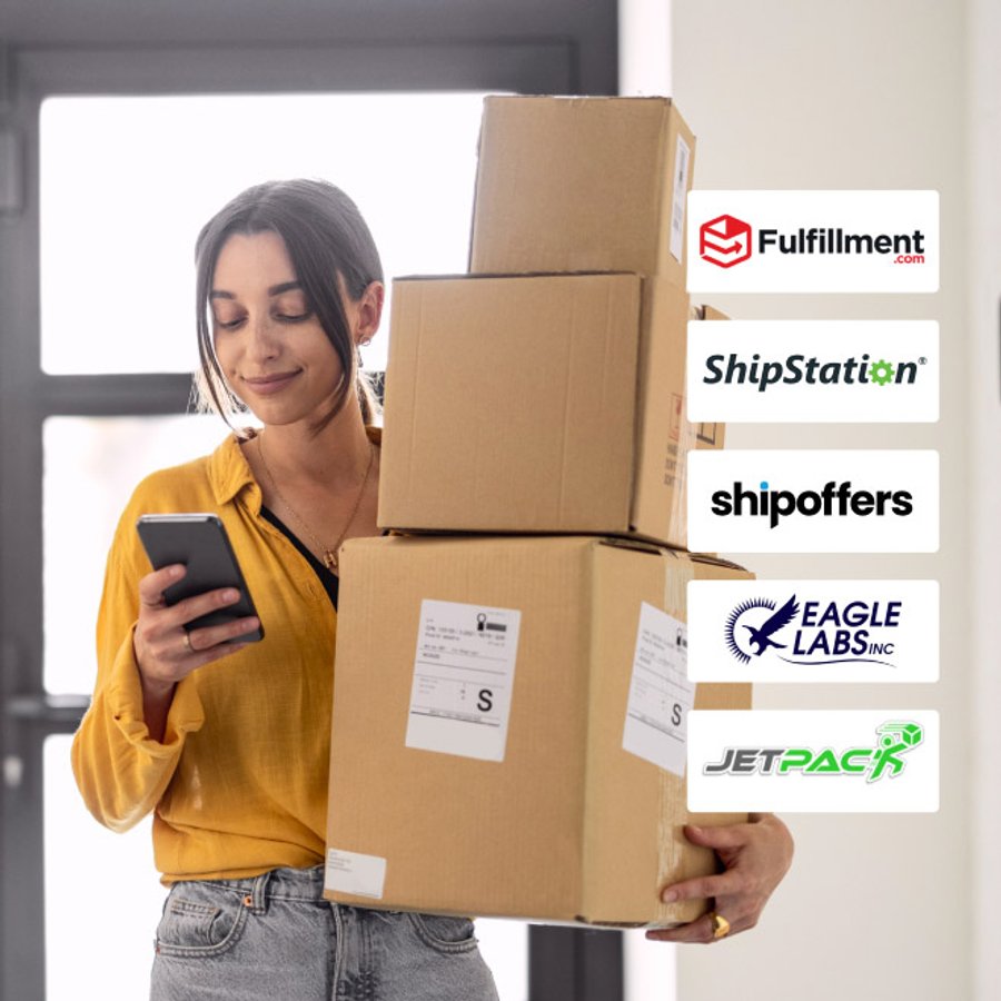 A woman holding a stack of shipping boxes looks at her phone, with logos for Fulfillment.com, ShipStation, shipoffers, Eagle Labs Inc, and Jetpack beside her.