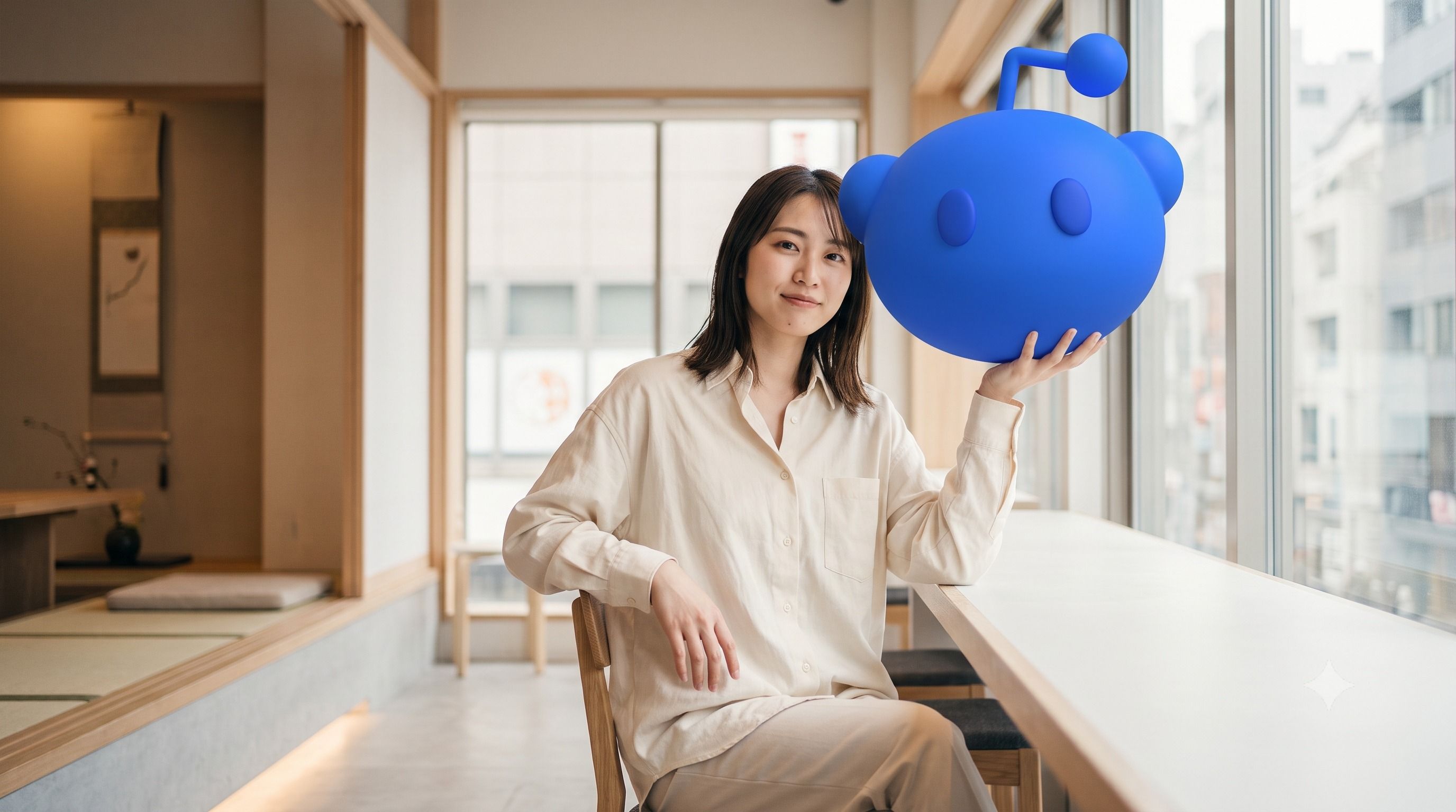 A woman sits by a window, holding a large blue Reddit Snoo figure.