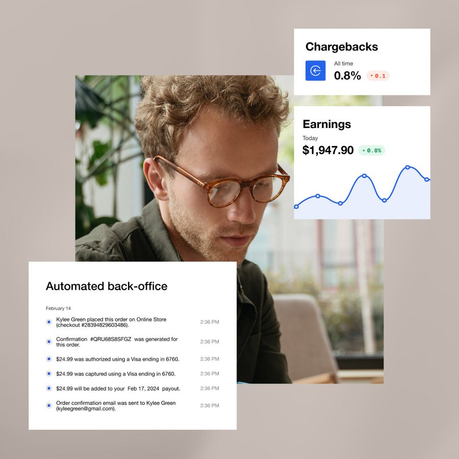 A man in glasses looks down, with overlaid graphics showing business analytics including chargebacks, earnings, and automated backoffice transactions.