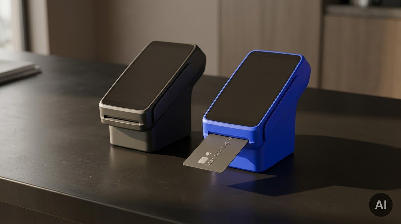 Two payment terminals on a dark counter, one gray and one blue with a credit card inserted.