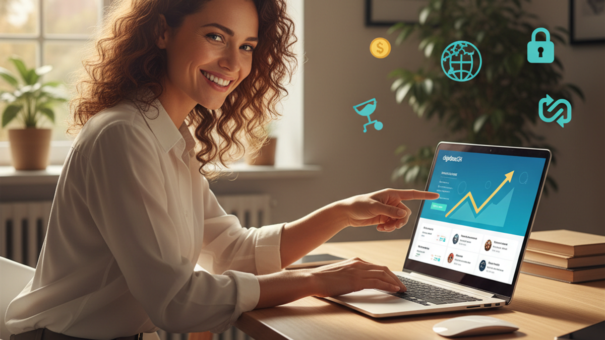 Smiling woman pointing at a laptop displaying a growth graph, surrounded by business icons.