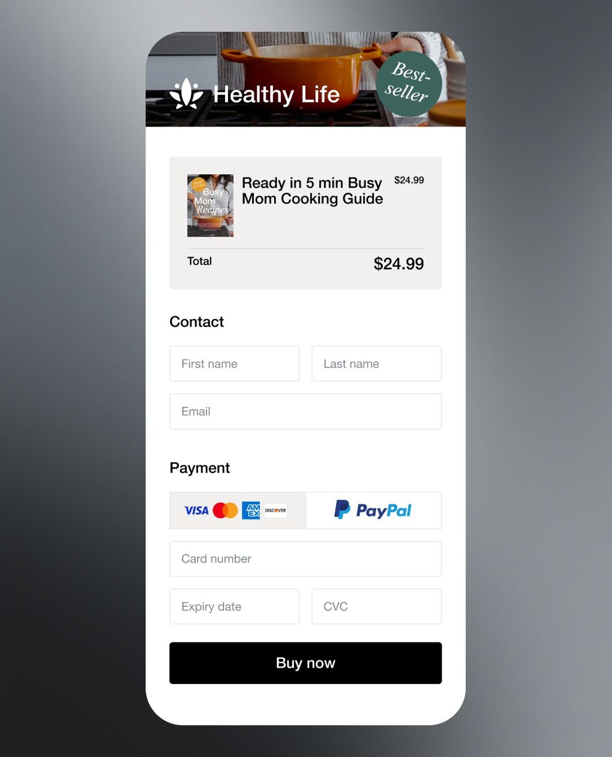 Mobile checkout screen for a "Ready in 5 min Busy Mom Cooking Guide" priced at $24.99, showing contact and payment input fields.