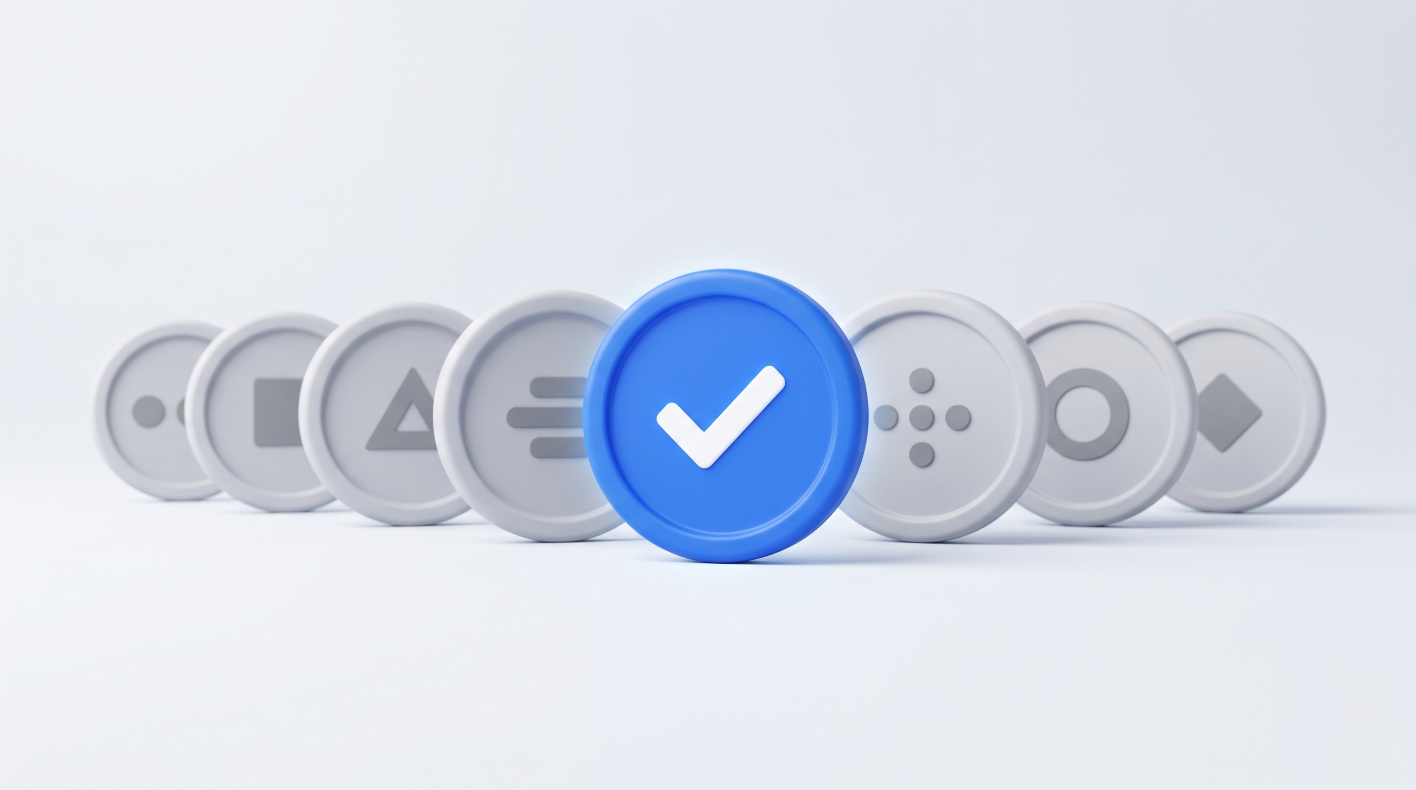 A blue circle with a white checkmark stands out in a line of grey circles with various abstract symbols.