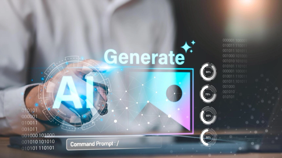 A hand interacts with a glowing AI icon, prompting image generation on a futuristic digital interface.