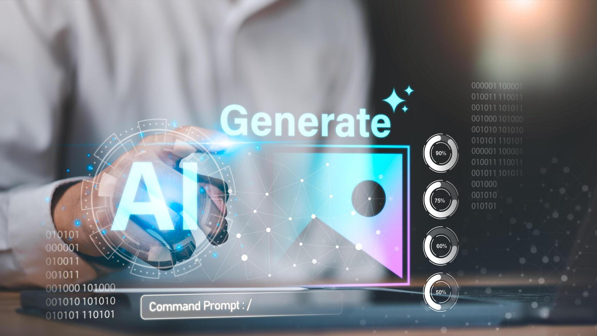 A hand interacts with a glowing AI icon, prompting image generation on a futuristic digital interface.
