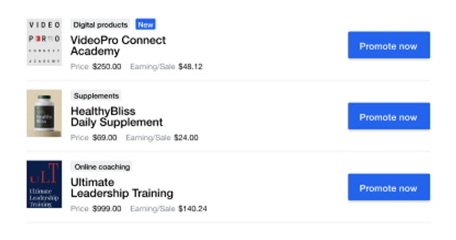 Marketplace listing three products with their price, earnings per sale and a Promote now button.