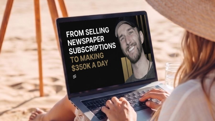 Woman on a beach using a laptop displaying a smiling man and text about making $350K a day.